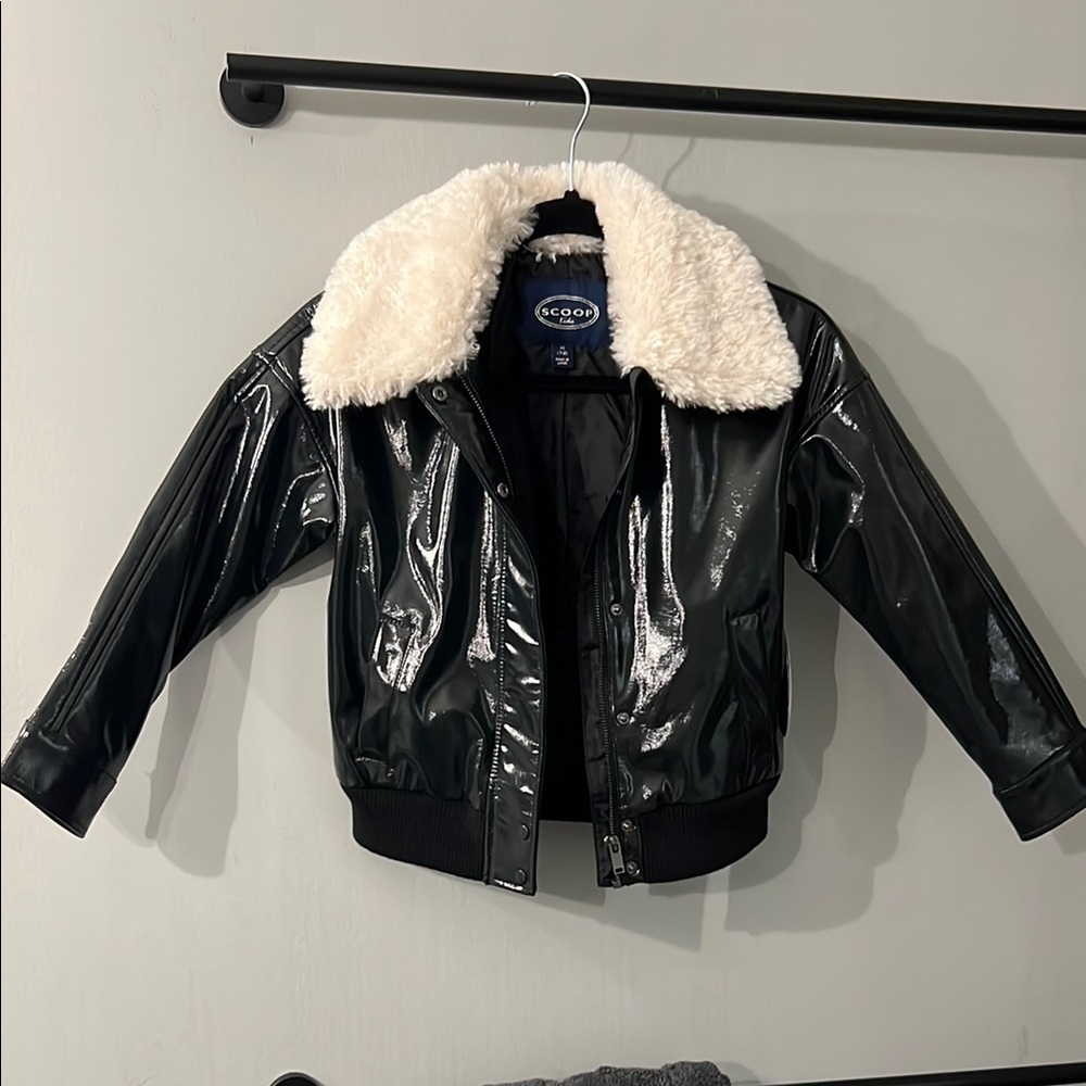 Scoop Black Faux Leather Jacket with White Fur Collar